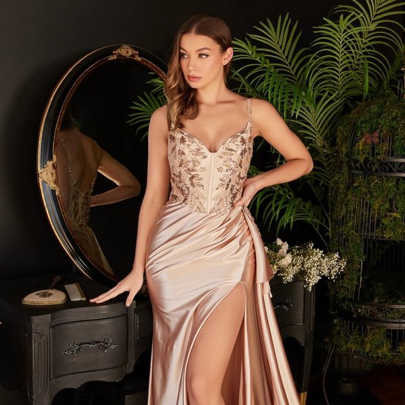 NEW LONG OFF THE SHOULDER SLEEVELESS SATIN GOWN WITH BEADED LACE DETAILS CDS418 - Picture 4 of 10